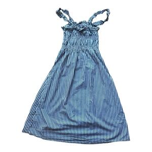 WHO WHAT WEAR Striped Smocked Maxi Dress Blue White Tie Strap Cotton XS